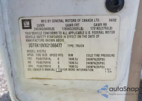 2002 GMC Sierra 1500 Standard z USA, uszkodzony, nr VIN 2GTEK19VX21366477